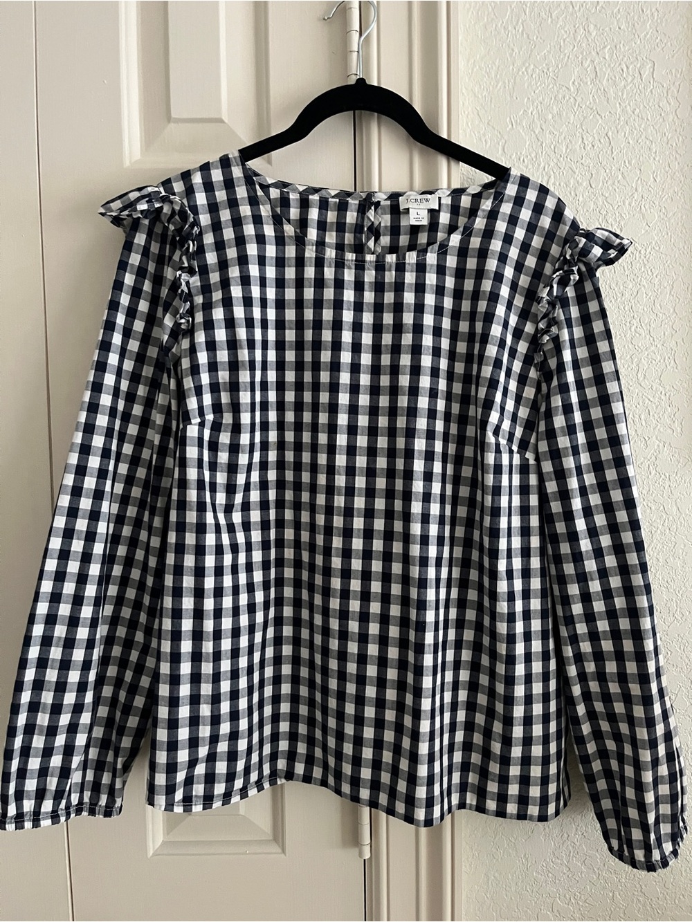 J. Crew Navy & White Cotton Gingham Ruffle Shoulder Blouse L Like New